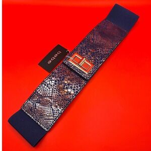 Bebe Y2K Exotic Turnlock Stretch Belt Blue Gold Snakeskin Embossed M/L NEW